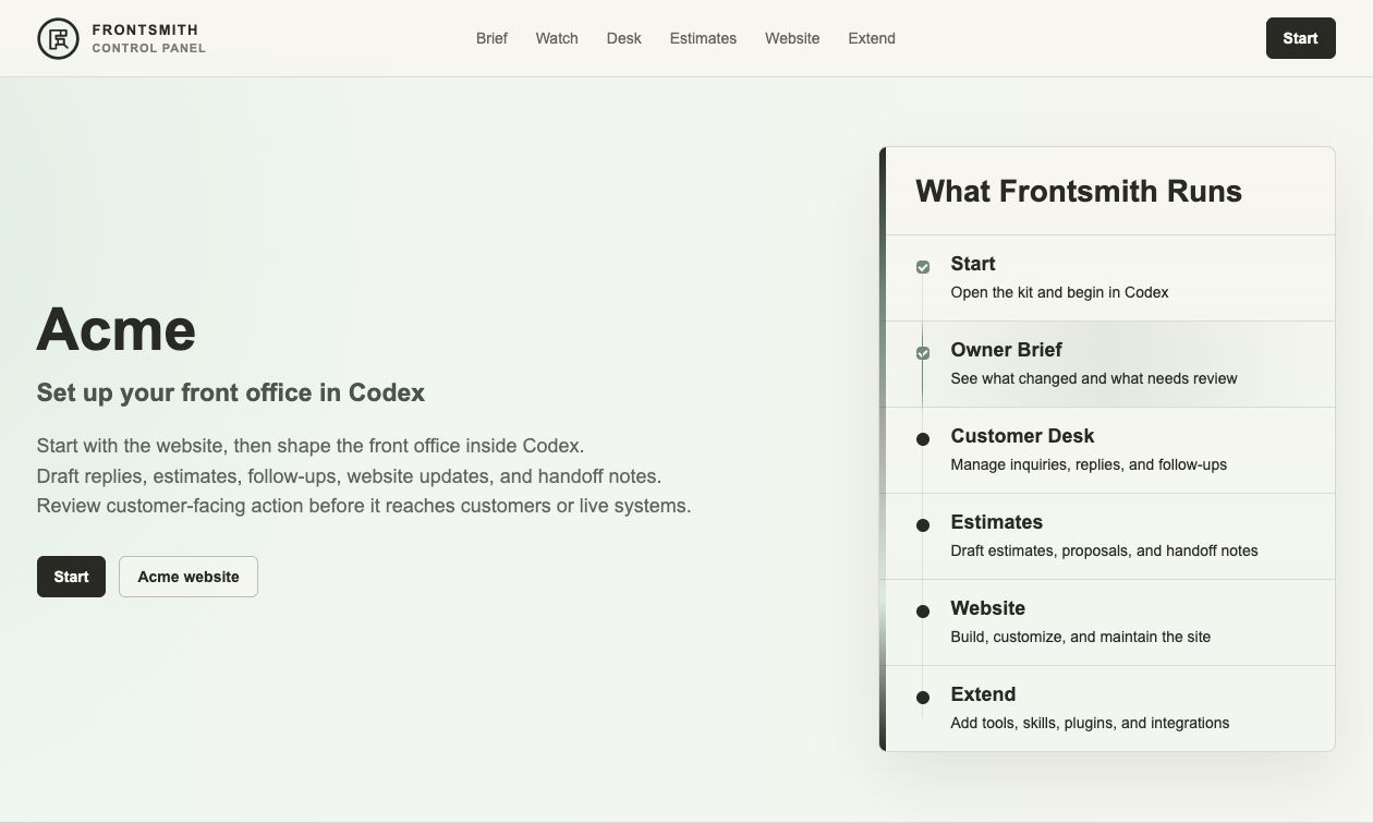 Frontsmith live hero showing the control panel workflow